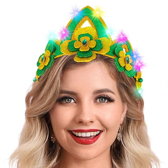 JONKY Saint Patricks Day Headband Irish Light Up Crown Tiara Four Leaf Clover Headwear Luck St Pattys Day Hair Accessories for Women and Adults