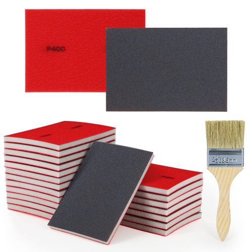 KACNON 20Pcs 400 Grit Sanding Sponge Set - Ultra Fine Sanding Sponges Pads with Brush - Soft Foam Sanding Block - Dry Wet Sandpaper Assortment for Model Drywall Metal Wood Furniture Polishing