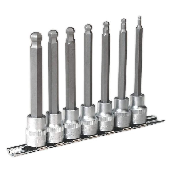 Ball-End Hex Socket Bit Set 7pc Metric 3/8"Sq Drive 100mm