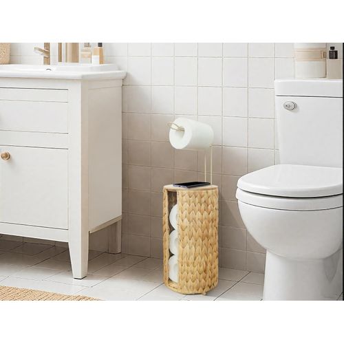 Endymion Toilet Paper Holder Stand,Wicker Rattan Toilet Paper Storage,4 Rolls of Toilet Tissue Storage for Bathroom Floor with Wooden Lid,Free Standing