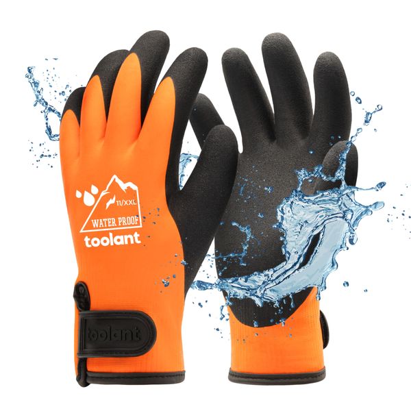 100% Waterproof Gloves for Men and Women, Winter Work Gloves for Cold Weather, Touchsreen, Thermal Insulated Freezer Gloves, With Grip, Orange, Large