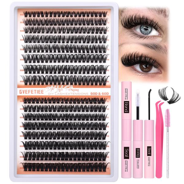 Lash Extensions Set 320Pcs Wimpern Extensions Set 50D+60D Cluster Lashes Wimpernverlängerung Set Individual Lashes mit Lash Bond and Seal Wimpern Pinzette von GVEFETIEE (0.07D-9-16MIX)