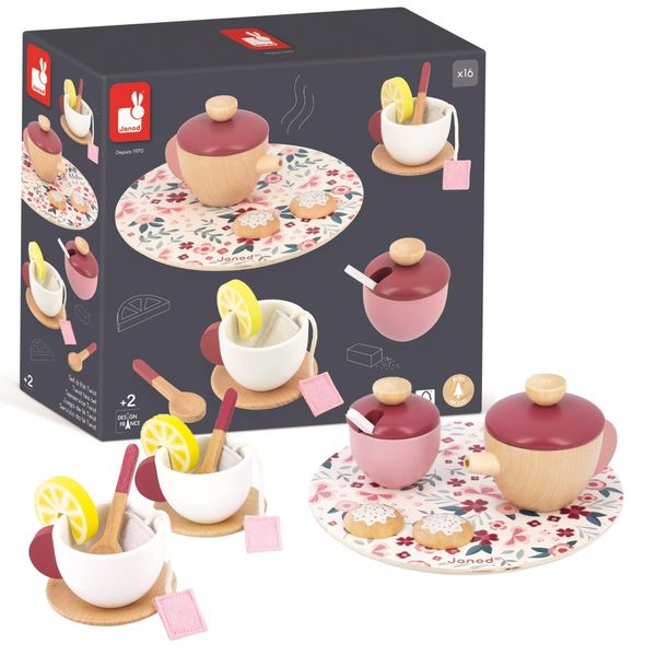 Janod Twist My First Tea Set - 16 Piece Wood and Felt Beginner Play Food Set - Includes Everything for Teatime - Pretend Play Set - Ages 2 - 5 Years - J06631