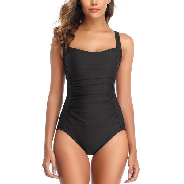 Swimming Costume Women Tummy Control One Piece Swimsuits Retro Ruched Monokini Swimwear Bathing Suit Bikini Plus Size YA#Black,L