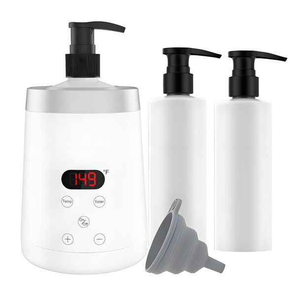 Massage Lotion Warmer Professional Electric Lotion Digital Heater for SPA, Compact Oil Warmer Heated Bottle for Beauty Salon Home,Automatic Thermostat Cream Heater wiht Two Oil Dispenser Bottle Funnel