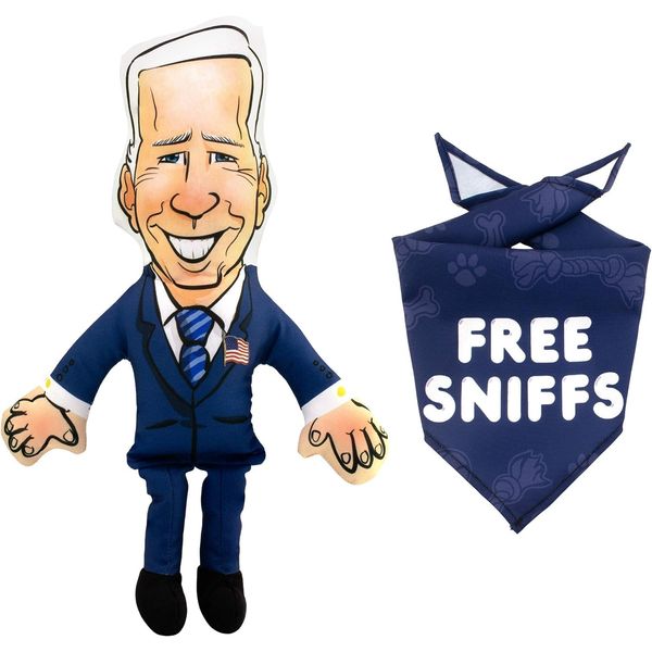 Political Satire Bite a Biden Dog Toy and Dog Bandana - Durable Stuffed Squeaky Dog Chew Toy - Canvas and Cotton Humorous Political Dog Toy