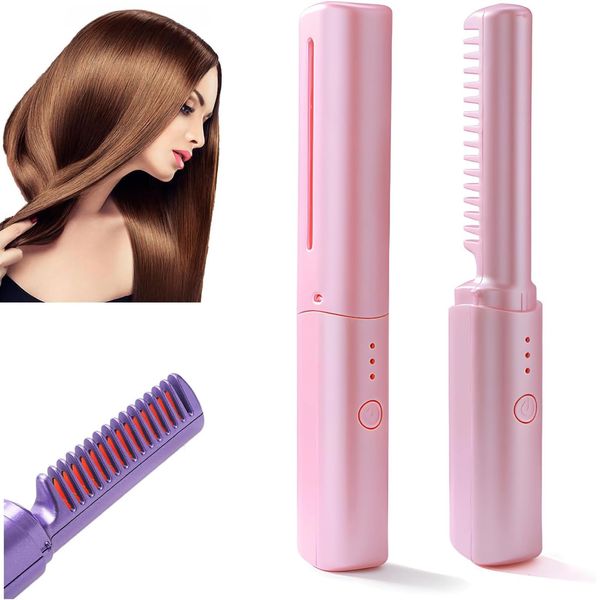 Rechargeable Mini Hair Straightener, Cordless Hair Straightener Brush, Portable Straightening Brush with Negative Ion,Hot Comb Hair Straightener for Women,2 in1 Lightweight for Trave (Pink)