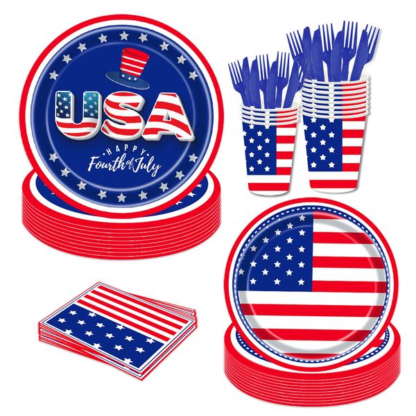 144PCS Patriotic Party Supplies Veteran's Day Party Decorations American Flag Party Supplies Patriotic Party Decorations Labor Day Columbus Day Supplies Paper Plates Napkins Cups Forks Knives Serve 24