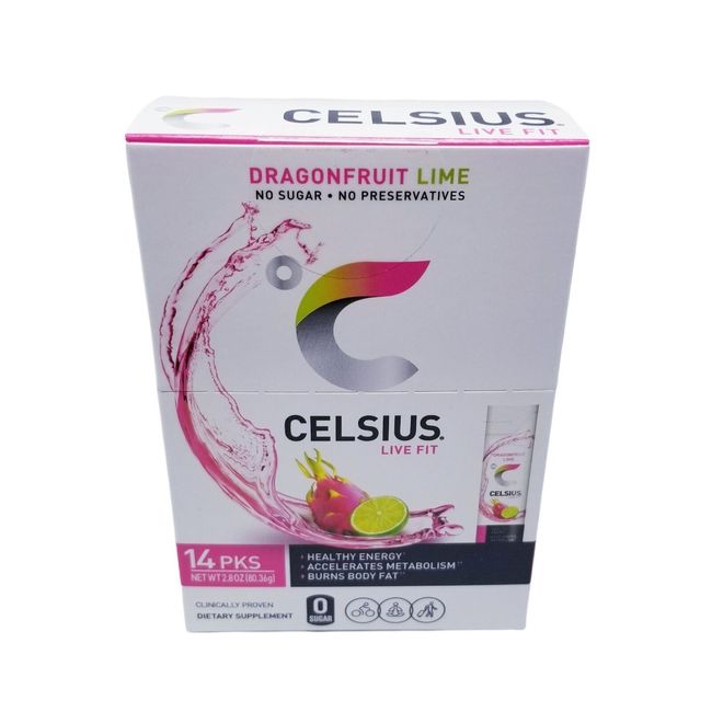 Celsius Dragonfruit Lime On the Go Powder Stick Packs, Zero Sugar 14 Sticks