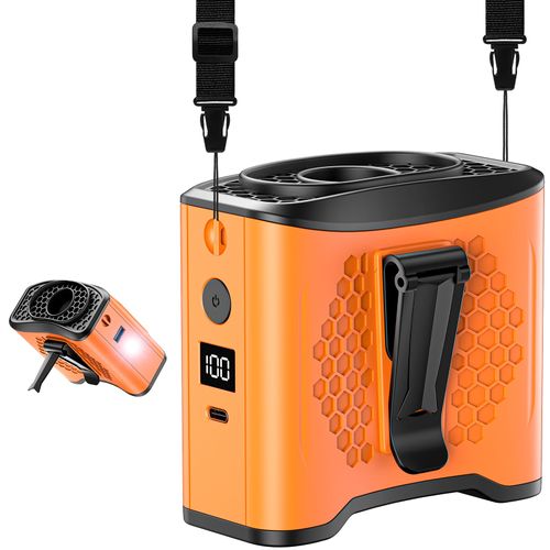 Portable Waist Fan with 10000mAh Battery & Mobile Charging, Hands Free Fan for Neck/Desk | 4-Speed 22H Cooling, SOS Light, LCD Display, Type-C Fast Charge, Outdoor Travel-Orange vine01