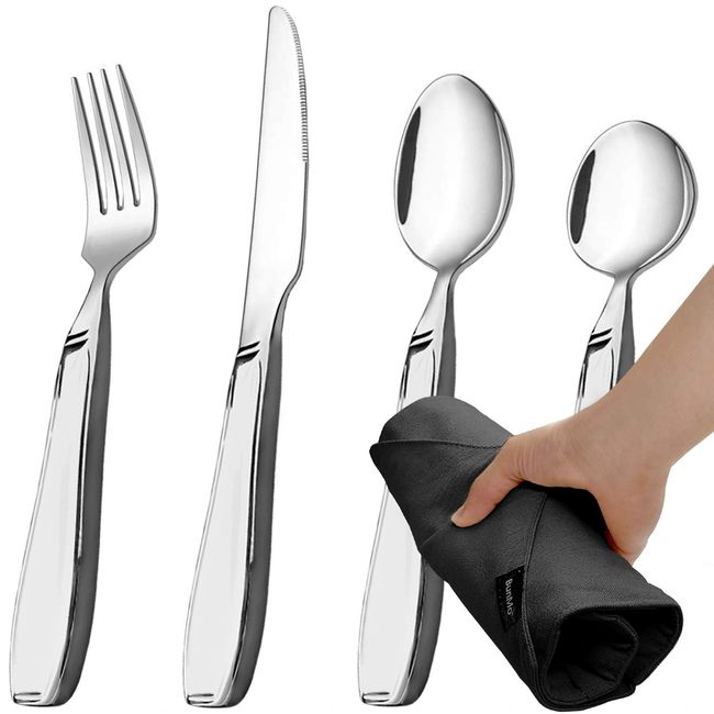 BunMo Weighted Utensils for Tremors and Parkinsons Patients - Heavy Weight Silverware Set of Knife, Fork and Spoon - Adaptive Eating Flatware (4 Pieces)