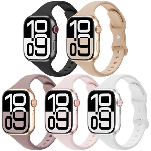 5 Pack Silicone Slim Bands Compatible with Apple Watch Band 38mm 42mm 40mm 44mm 41mm 45mm 46mm 49mm, Soft Narrow Sport Strap Thin Wristband for iWatch Series 10/9/8/7/SE/6/5/4/3/2/1/Ultra Women Men