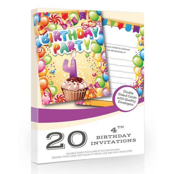 Olivia Samuel 20 x 4th Birthday Party Invites from Boy or Girl Bright Fun Design - Ready to Write with Envelopes