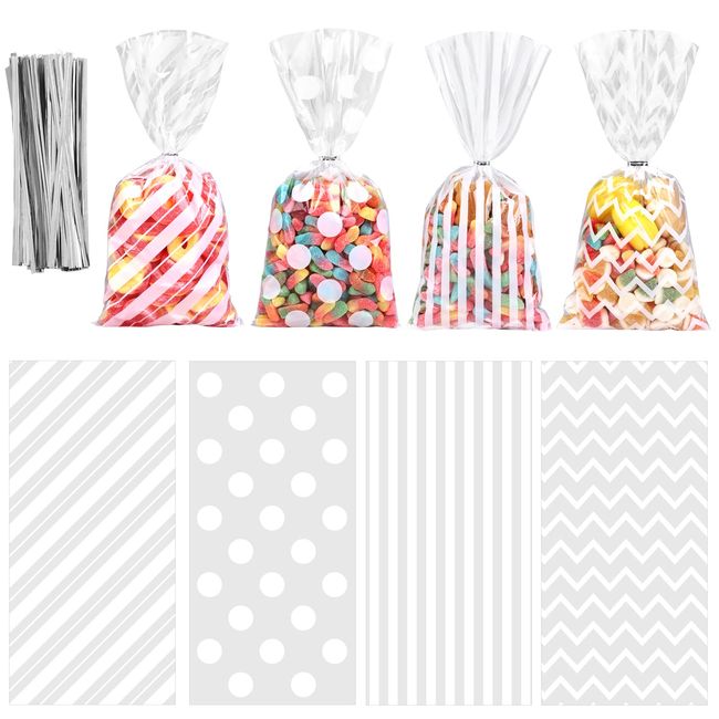 Aneco 100 Pack White Cellophane Bags Plastic Candy Bags Gift Bags Goodie Bags with Twist Ties for Valentine, Birthday, Gift Cookie Snack Packing Party Favor Supplies