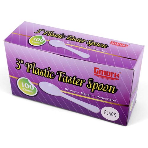 Gmark 100pc 3-Inch Taster Spoons Plastic Mini Spoons Black Clear Best for Chocolate Coffee flavor Ice Cream Spoons Dessert Spoons Black 1 Box Set GM1002H
