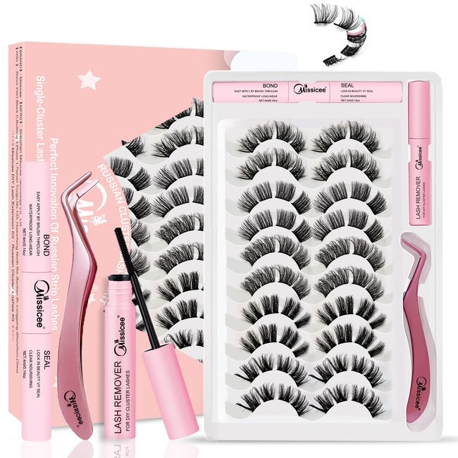 Missicee Eyelash Extension Kit, 5 Styles Cluster Lashes Russian Strip Lashes, D Curl Fluffy Wispy Faux Mink 6D Individuals Lashes with Bond Seal Tweezers Remover Natural Look Like Eyelash Extensions