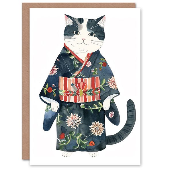 Cat Lover Cute Pet in Blue Floral Japanese Kimono Birthday Card