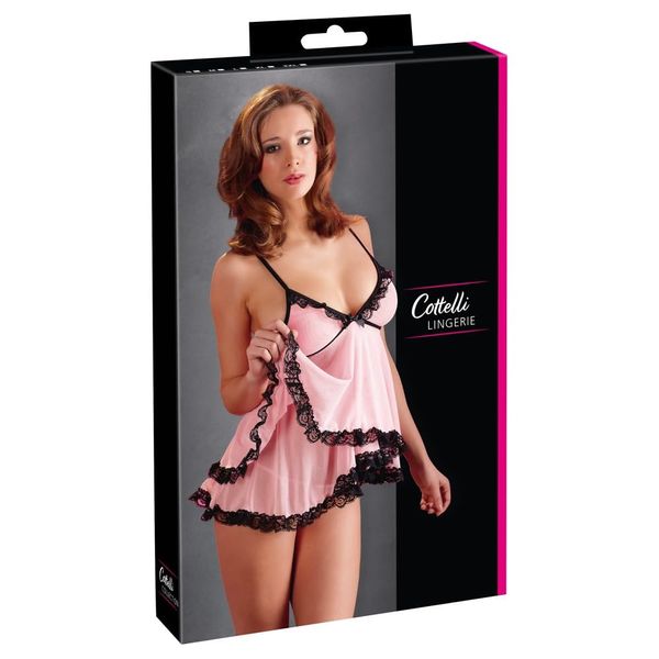 Cottelli Collection Lingerie Babydoll - verführerisches Babydoll und String für sie, Minikleid mit Spitzen-Details zur Verführung des Partners, rosa