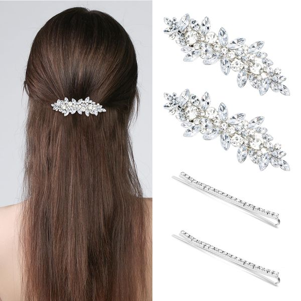 ANBALA 4PCS Rhinestone Hair Clips Crystal French Hairpins Flower Hair Barrettes Hair Clips for Prom Bride Wedding Valentines Hair Accessories for Women Girls