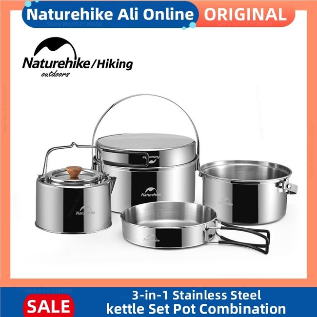 Naturehike New Stainless Steel Cookware Set 3-in-1 Camping Nesting