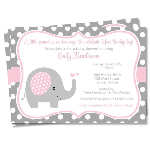 Elephant Baby Shower Invitations Pink Purple Gray Girl Polka Dots Invites Customized Personalized Printed Cards (12 Count)