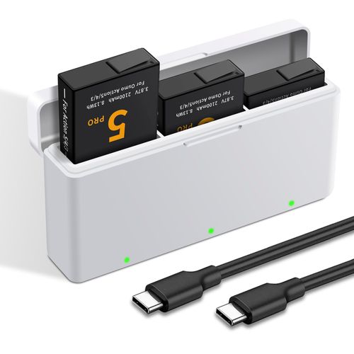 3-Pack Battery for Osmo Action 5 Pro/4/3 Charger Kit and 3-Channel Fast Charger Hub, Compatible for DJI Osmo Action 5 Pro, Action 4, Action 3 Camera, Replacement with Micro-USB Cable and Type-C Cable