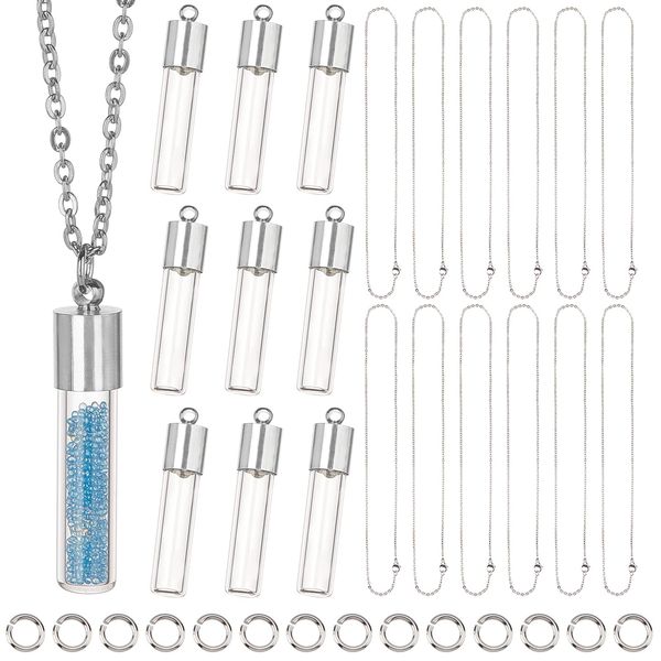 SUNNYCLUE 64PCS Vial Necklace Making Kit Hourglass Vial Pendants Handmade Clear Glass Cap Bottle Charms Necklace Chain & Jump Rings for Beginners Adults DIY Necklace Jewellery Making