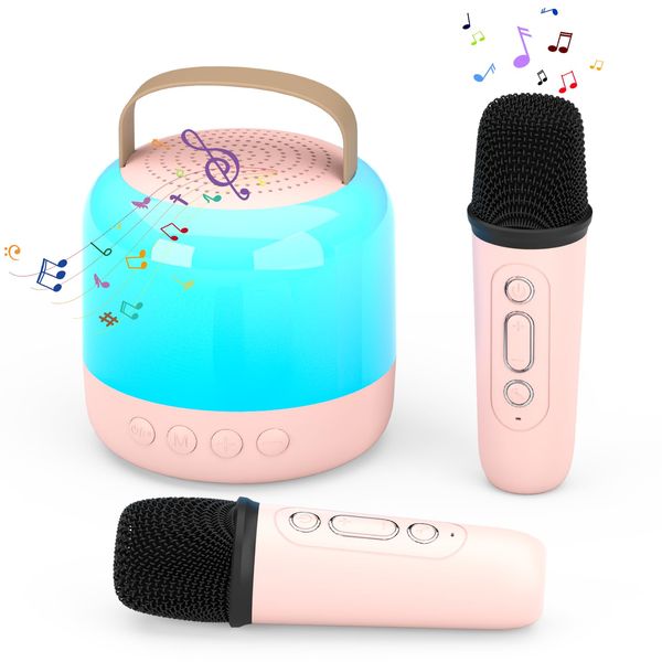 Chiliktoy Mini Karaoke Machine, Portable Bluetooth Karaoke Speaker with 2 Wireless Microphones and Party Lights for Kids and Adults, Birthday Gifts for Girls Boys Family Home Party (Pink)