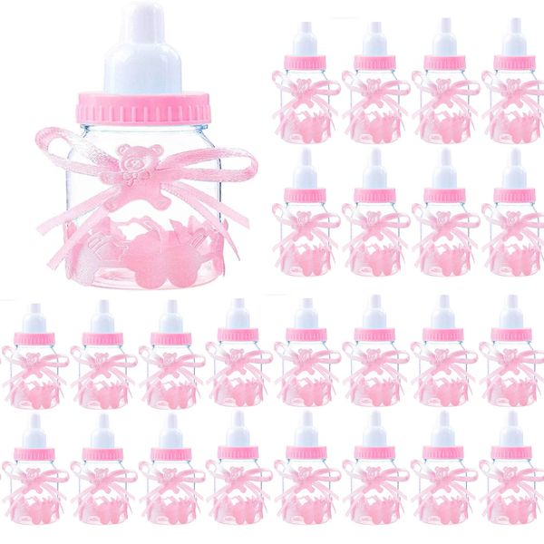 MINGZE 24pcs Candy Bottle Baby Shower, Mini Gift Box Fillable Feeder Style with Bear for Party Favors Holy Communion Supplies Boy Girl Newborn Infant Baptism Christening Birthday Decoration (Pink)