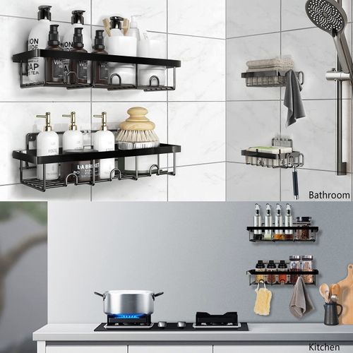 YAWSOUP 4 Pack Shower Caddy Organizer, Stainless Steel Shower Shelf with Hooks, Adhesive Bathroom Shelves for Storage and Organization,Matt black
