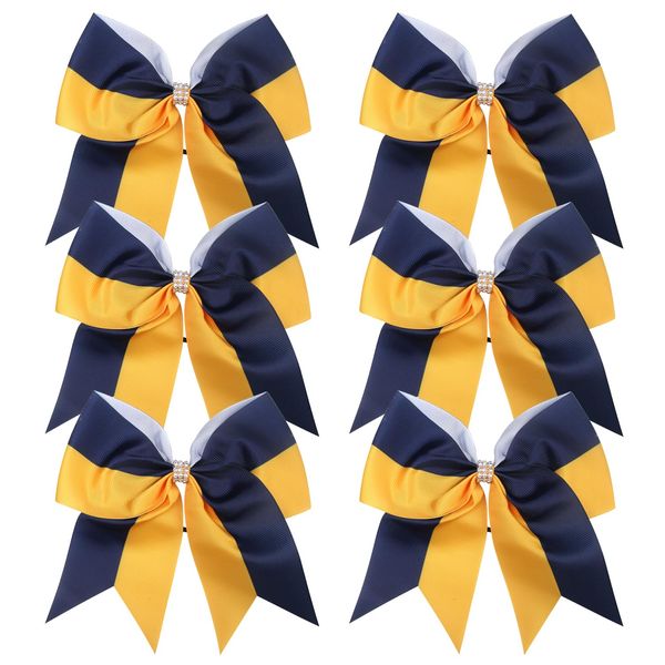 Cheerleader Bows 8 Inch Comb Color Ponytail Holder with Bling Fling Rhinestones Hair Tie Cheerleading Bows 6 Pcs (Navy Blue/Gold)