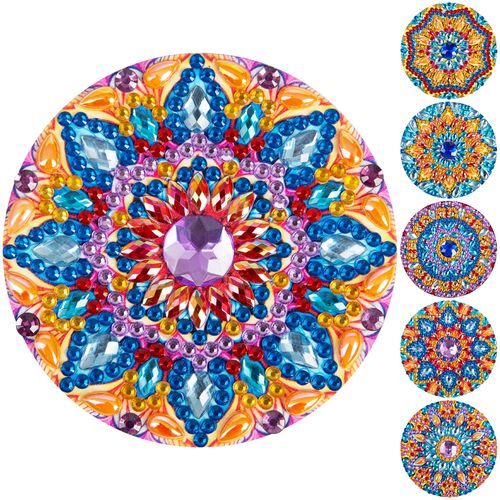 Diamond Art Coasters Kit Set of 6 - DIY Mandala Craft with Big 3D Gems and Small Crystals - Diamond Painting Kits for Beginners, Adults and Kids - Gem Arts Crafts Supplies for Solo or Duo Projects