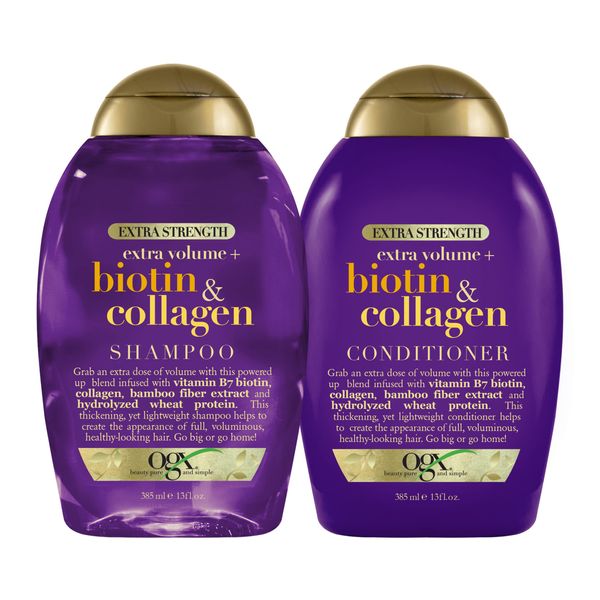 OGX Thick & Full + Biotin & Collagen Extra Strength Volumizing Shampoo & Conditioner with Vitamin B7 & Hydrolyzed Wheat Protein for Fine Hair. Sulfate-Free Surfactants for Fuller Hair, 13 Fl Oz