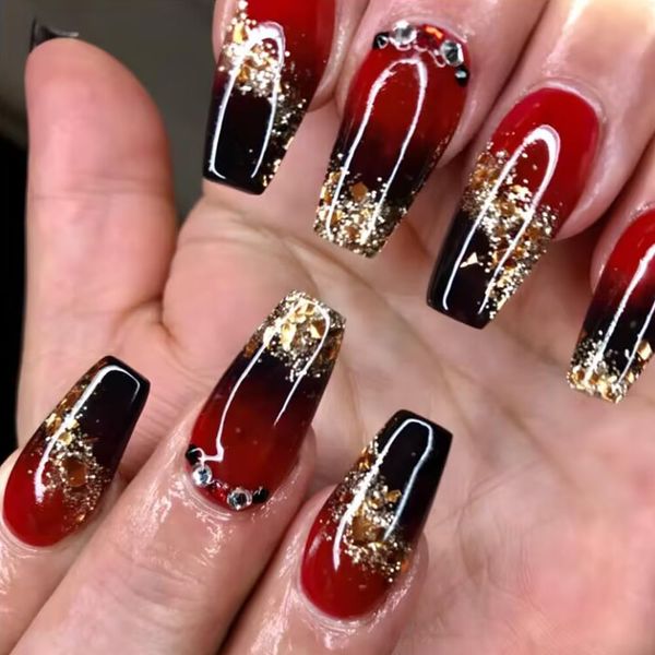 24pcs Medium Coffin False Nails Black Red Ombre Press on Nails Glitter Gold Fake Nails Stick on Nails Removable Glue-on Acrylic Full Cover Nails Women Girls Nail Art Accessories