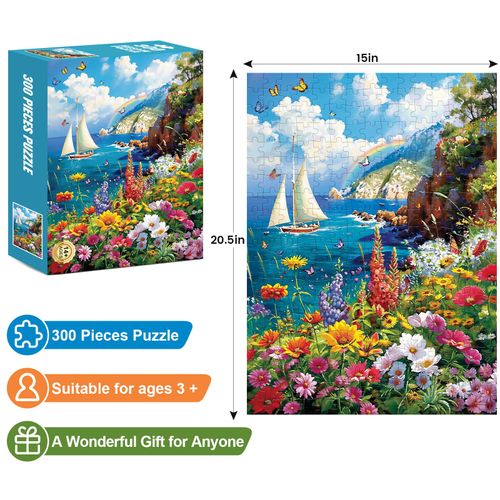 300 Pieces Puzzles for Adults–Colorful Garden By The Ocean Puzzle for Adults Children Elderly–Recycled Paper Puzzle 300 Pieces–Glossy, Sturdy Pieces Challenging Family Game Great Gift Idea (20.5x15in)