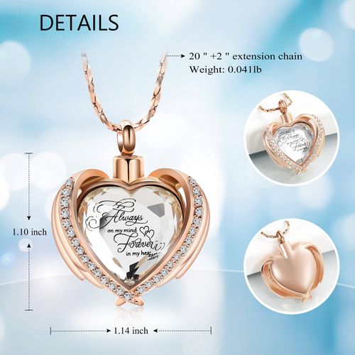 Imrsanl Cremation Jewelry Angel Wing Heart Urn Pendant Necklaces for Women Crystals Urns for Human Ashes Memorial Locket Keepsake Ashes Jewelry (Rose Gold-White)