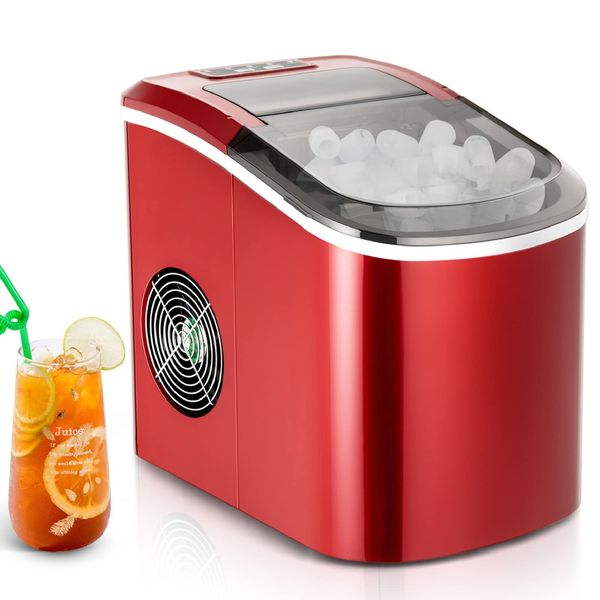 TANGZON Ice Maker Machine, 2.2L Countertop Ice Cube Maker with Removable Basket and Scoop, 12KG/24H Electric Ice Making Machine for Home, Bar and Office (Red)