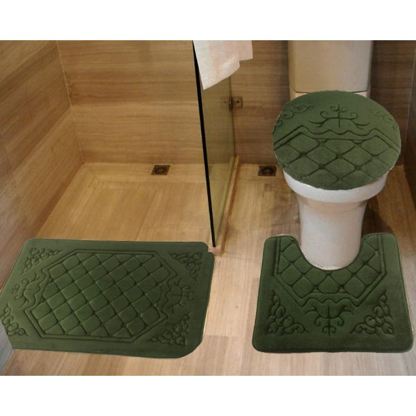 All American Collection 3PC Memory Foam Bath Mats Soft Plush Crown Design Anti-Slip Shower Bathroom Contour Toilet Lid Cover Rugs (Olive)