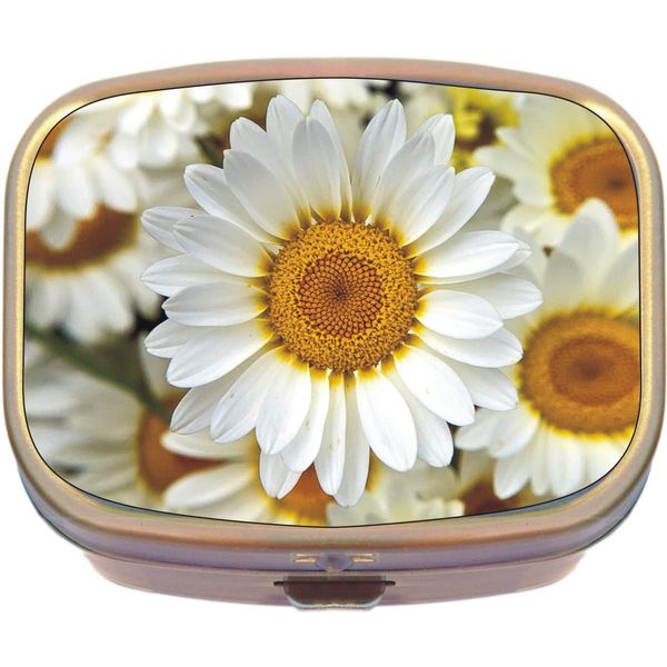 White Daisies Brass Rectangle Pill Box