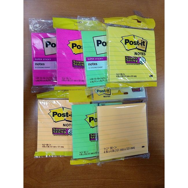 Lot of 7 Super Sticky Post-It Notes Assorted Colors 90 Sheets ea. 4"X4" - E15A