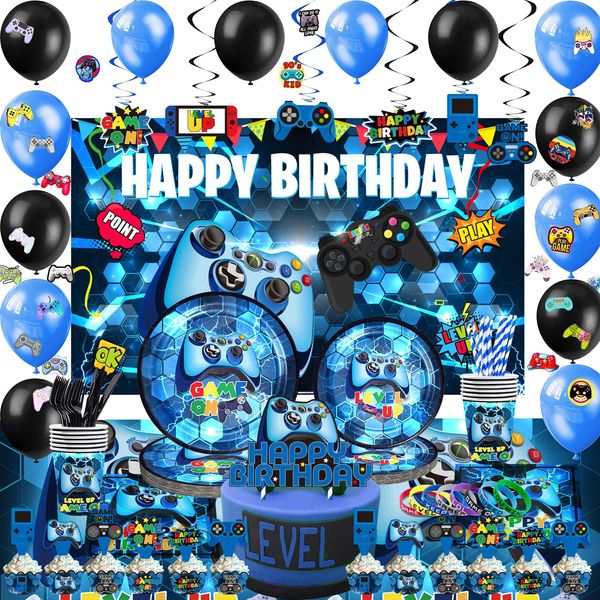 Mpanwen Blue Gamer Birthday Party Decoration - 218Pcs Video Game Gaming Party Supplies For Boys Birthday Party - Backdrop, Table Cover, Cupcakes Wrappers, Stickers, Bracelets Serves 10 Guests