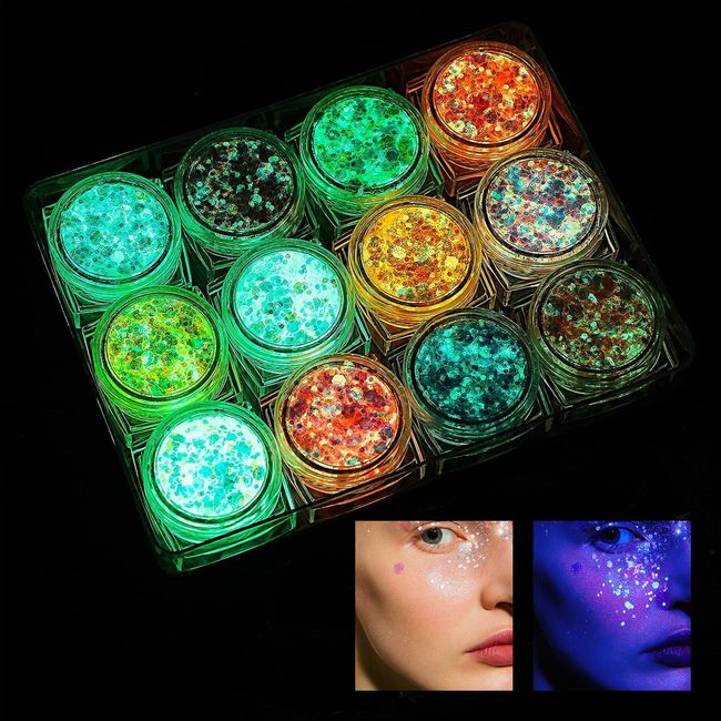 Make-Up 12 Stück Fluoreszierendes Glitzer, Fluorescent Sequin, Glitzer Holographische Pailletten Set, Gesicht Körper Glitzer, Glow in the Dark Festival Glitzer Gel für Gesicht, Nagelde, Körper, Haare