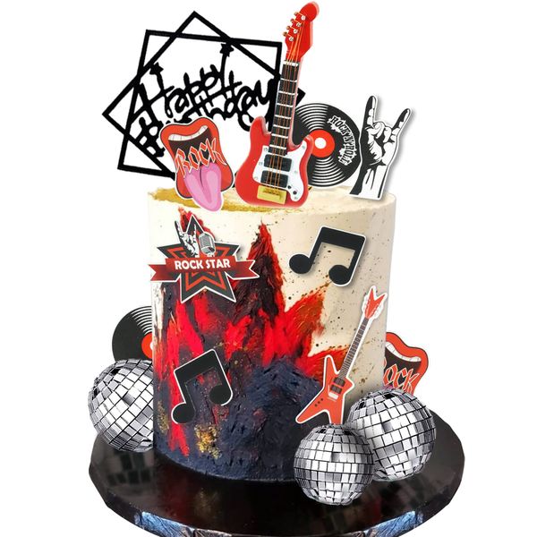 Guitar Cake Toppers Music Theme Birthday Cake Toppers Electric Guitar Model Rock And RollCake Decorations For Rockstar Theme Party Guitar Party Bass Party Supplies (Red)