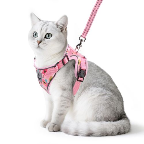PUPTECK Cat Harness and Leash Set Escape Proof Reflective Cat Walking Harness Adjustable Soft Breathable Mesh Vest for Small Pets, Pink Flowers, S