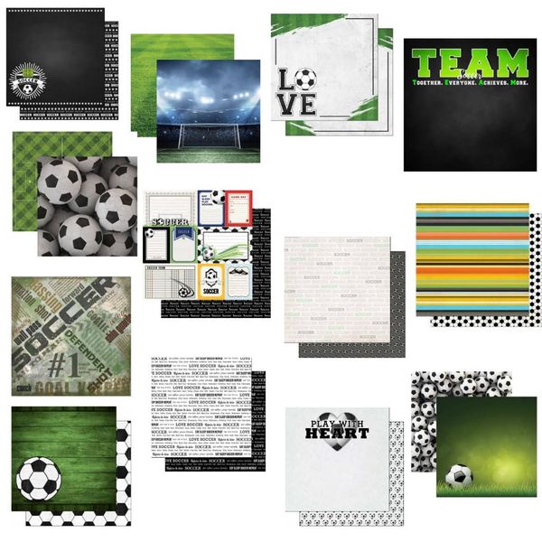 Custom Bundle -13 Soccer Themed 12" x 12" Scrapbook Papers - Various Brands