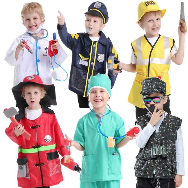 TOPTIE 6 Sets Kids Costumes with Accessories, Doctor Engineer Fireman Soldier Policeman Surgeon Dress Up Uniforms for Boys Girls