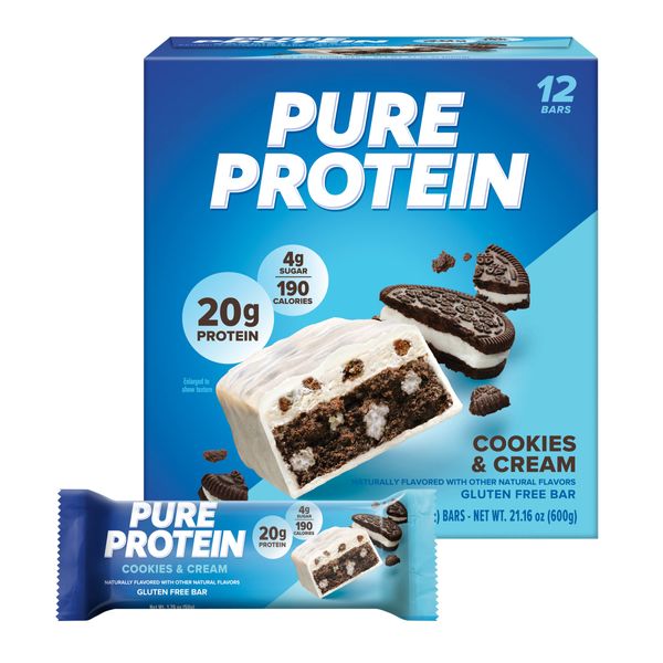 Pure Protein Bars, High Protein, Nutritious Snacks to Support Energy, Low Sugar, Gluten Free, Cookies & Cream, 1.76 oz, 12 Count (Pack of 1) (Packaging May Vary)