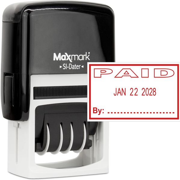 MaxMark Office Self Inking Date Stamp with Phrase Paid - Red Ink