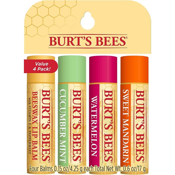 Burt's Bees Lip Balm Multipack, Lip Balm Set With Beeswax, Cucumber Mint, Watermelon, Sweet Mandarin, Freshly Picked, 4x4.25g