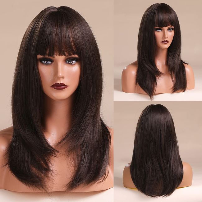 Haircube Black Perücken für Frauen, dunkelbraune synthetische Perücken mit Pony Hitzebeständige Perücken Daily Cosplay